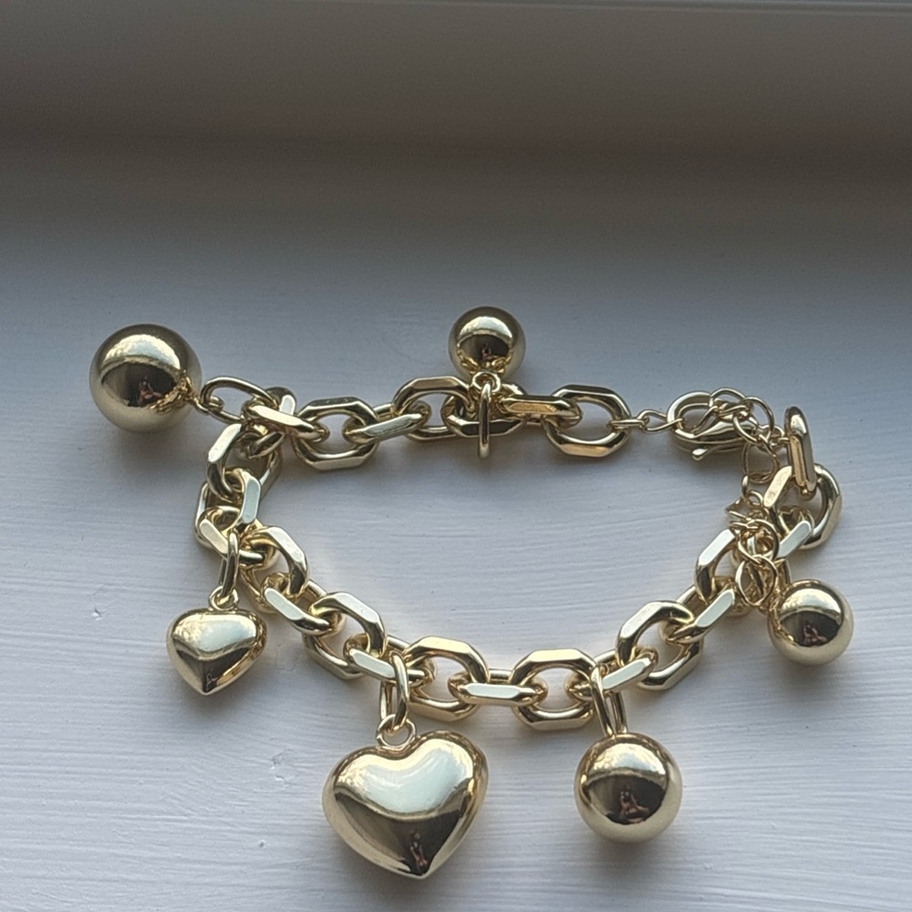 Bold Gold Plated Heart Charm Bracelet Chunky Link Love Statement Jewelry - Picture 1 of 11